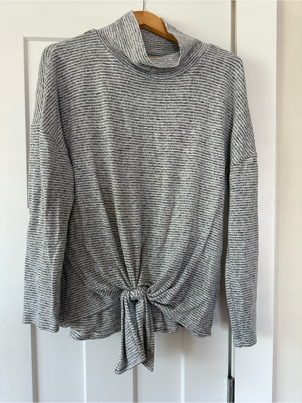 LOFT Gray Striped Tie-Front Turtleneck Sweater